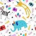 Seamless pattern with cartoon zebras, leopards, elephants, balloons, gift boxes, decor elements. Festive colorful vector, flat sty Royalty Free Stock Photo